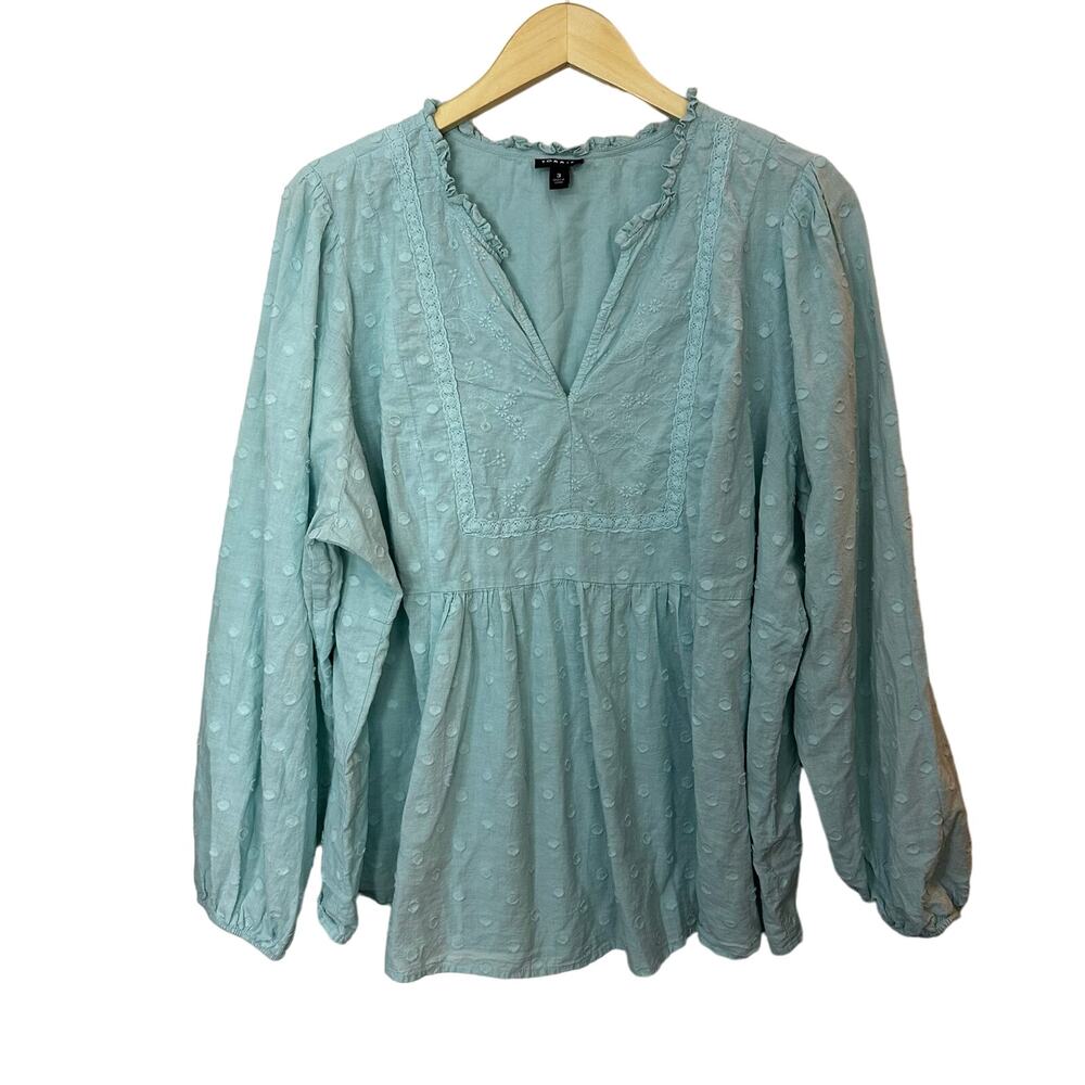 Torrid Embroidered Floral Clip Dot Cotton Top Womens 3X Blue Bohemian V Neck
